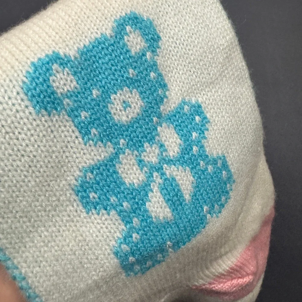 Vtg Babys‎ First Christmas Knit Stocking Bear Unisex Boy Girl Blue Pink White